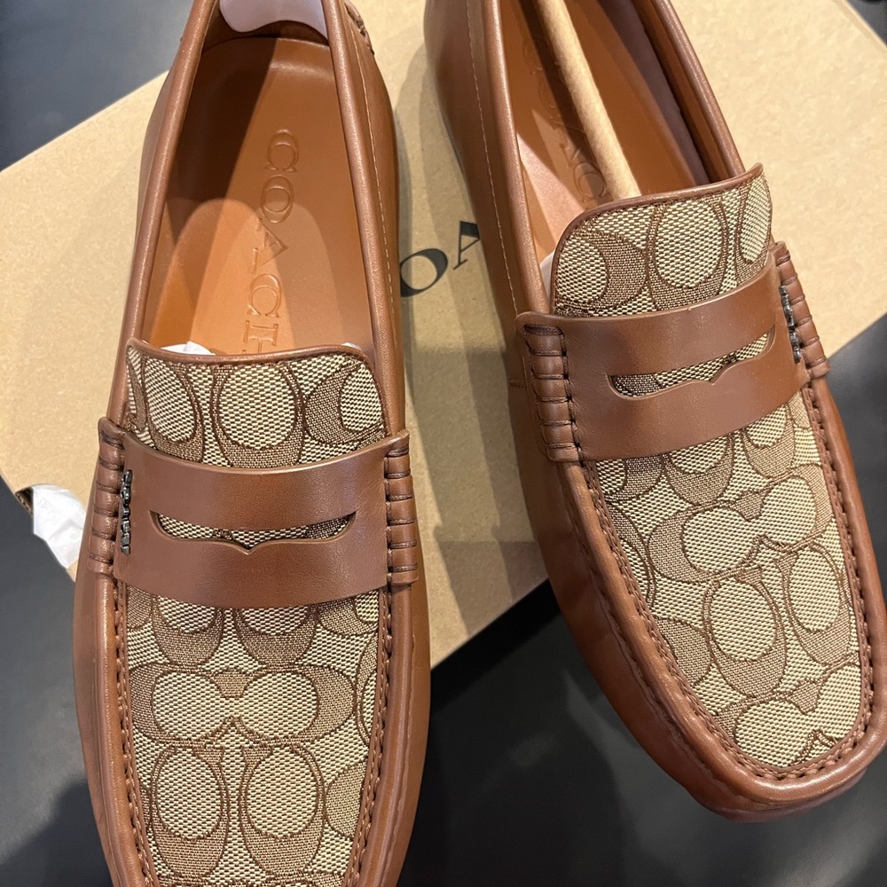Coach Men’s Brown Leather & Signature Canvas CR886 Liam driver jacquard Loafers